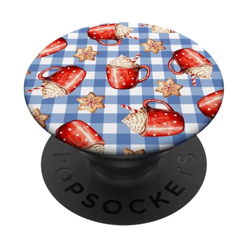 Cappuccino Schneeflockenplätzchen Retro Himmelblau Gingham PopSockets Klebender PopGrip von Niedliche Vintage-Weihnachts-Wintermuster-Designs