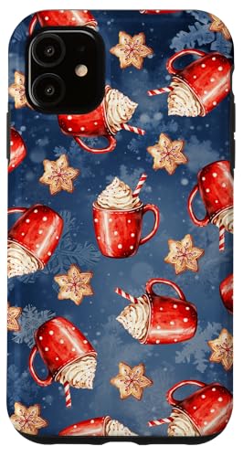 Hülle für iPhone 11 Cappuccino und Schneeflockenplätzchen am dunkelblauen von Niedliche Vintage-Weihnachts-Wintermuster-Designs