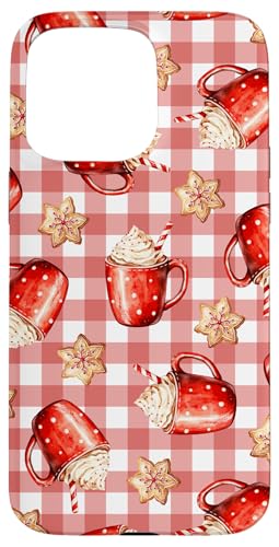 Hülle für iPhone 15 Pro Max Cappuccino und Schneeflockenplätzchen Pastellrosa Gingham von Niedliche Vintage-Weihnachts-Wintermuster-Designs