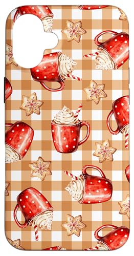 Hülle für iPhone 16 Plus Cappuccino und Schneeflockenplätzchen orangefarbenes Gingham von Niedliche Vintage-Weihnachts-Wintermuster-Designs