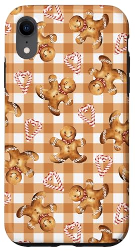 Hülle für iPhone XR Lebkuchenmann-Zuckerstangen-Muster auf Retro-Orange-Gingham von Niedliche Vintage-Weihnachtsdesigns