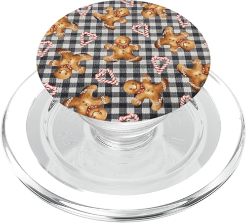 Lebkuchenmännchen-Zuckerstangen-Muster Retro-Schwarz-Gingham PopSockets PopGrip für MagSafe von Niedliche Vintage-Weihnachtsdesigns