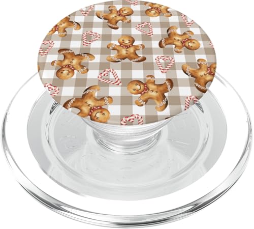 Lebkuchenmann-Zuckerstangen auf Retro-Hellbeige-Gingham PopSockets PopGrip für MagSafe von Niedliche Vintage-Weihnachtsdesigns