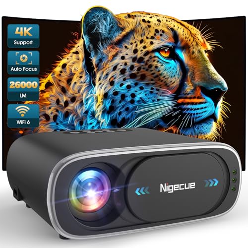 Nigecue Beamer 4K, Autofokus/Elektronische Trapezkorrektur 26000L WiFi6 Bluetooth 1080P Full HD Projektor, Video Beamer Heimkino mit 50%-100% Zoom, Max. 300" Display, Kompatibel mit Handy HDMI Laptop von Nigecue