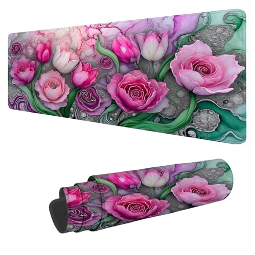 Mousepad 1200x600x3mm XXL Rosa Gaming Mauspad Blumen Mouse Pad Groß Wasserdicht Glatte Oberfläche Schreibtischunterlage, mit Genähten Kanten Mauspads, für Büro und Zuhause Schreibtisch Geschenk N-221 von Nigsnxng