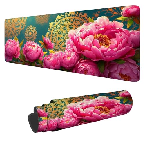 Mousepad 1200x600x3mm XXL Rosa Gaming Mauspad Pfingstrose Mouse Pad Groß Wasserdicht Glatte Oberfläche Schreibtischunterlage, Genähten Kanten Mauspads, für Büro und Zuhause Schreibtisch Geschenk N-577 von Nigsnxng