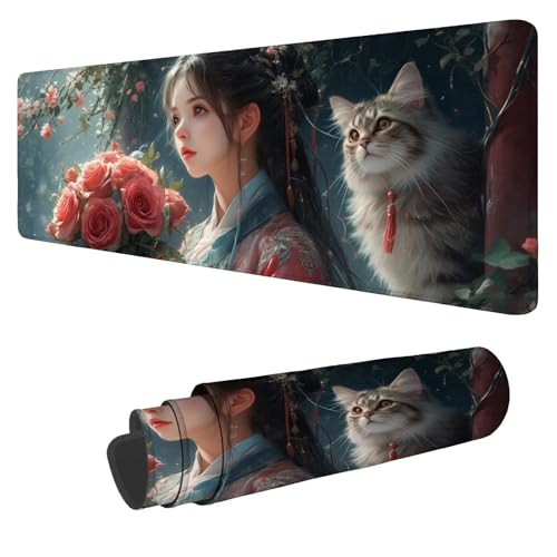 Mousepad 1600x800x3mm XXL Katze Gaming Mauspad Mädchen Mouse Pad Groß Wasserdicht Glatte Oberfläche Schreibtischunterlage, Genähten Kanten Mauspads, für Büro und Zuhause Schreibtisch Geschenk N-308 von Nigsnxng