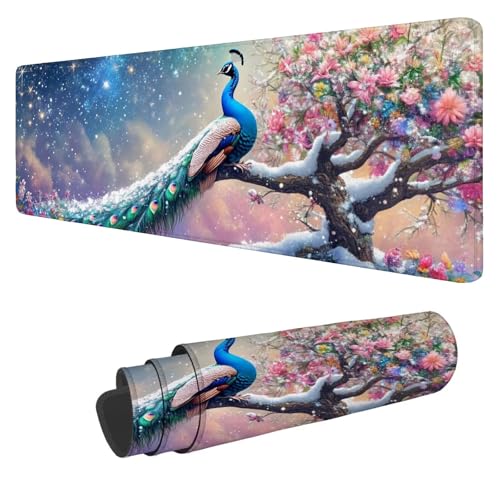 Mousepad 1600x800x3mm XXL Pfau Gaming Mauspad Schnee Mouse Pad Groß Wasserdicht Glatte Oberfläche Schreibtischunterlage, mit Genähten Kanten Mauspads, für Büro und Zuhause Schreibtisch Geschenk N-566 von Nigsnxng