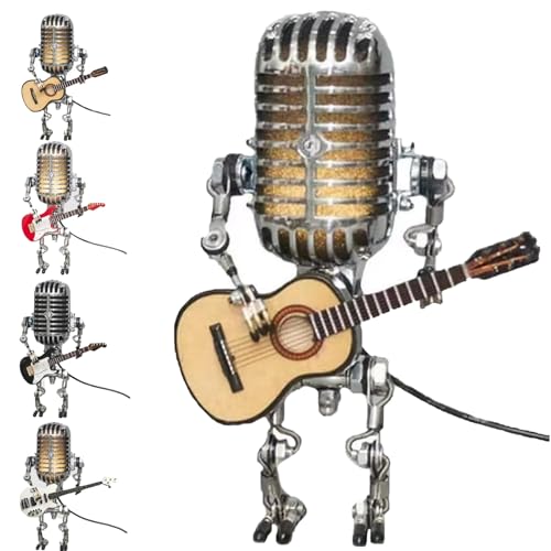 Nihexo Mic Rockbot, Sherum Mic Rockbot, Vueeze Mic Rockbot, Dotmalls Mic Rockbot, Libiy Mic Rockbot, Vintage Microphone Robot Desk Lamp, Metal Microphone Robot Lamp with Mini Guitar (Yellow) von Nihexo