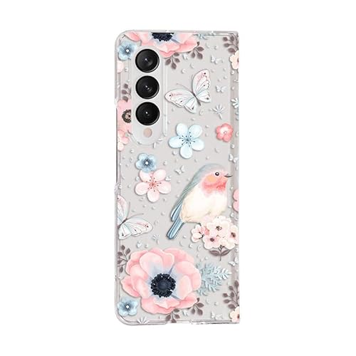 Für Galaxy Z Fold 5 5G Handyhülle Klar, Vogel Rosa Blumen, Romantische Blumen Idyllisch, Transparent Hard PC Schutzhülle Kompatibel mit Samsung Galaxy Z Fold 5, F08 von Nikaque