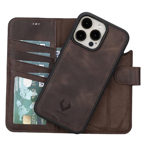 VENOULT Abnehmbare Brieftaschen-Schutzhülle für iPhone, Mann oder Frau, Folio-Cover, 16 Pro MAX 17,5 cm, kompatibel mit Magsafe, RFID, echtes Leder, Kartenhalter, Klapphülle (Schokoladenbraun) von Nine Case