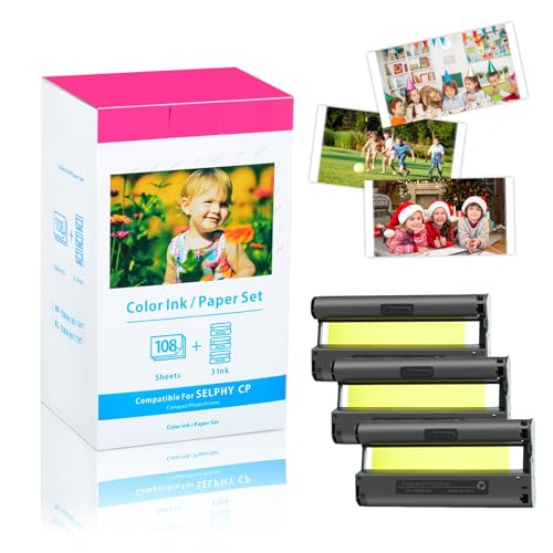 NineLeaf 1PK Ersatz für Canon Selphy CP1300 CP1500 CP1200 CP1000 CP910 CP820 und Kartusche, KP-108IN 3115B001(AA) Postkarten für Canon Selphy Fotodrucker, 3 Kartusche+108 FotoPapier (10x15cm) von NineLeaf