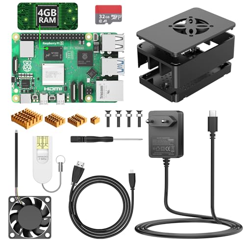 NinkBox Raspberry Pi 5 4GB RAM mit 32GB Speicherkarte, Starter Kit mit Arm Cortex-A76 2,4GHz, USB-C 27W Netzteil, 4 Kühlkörper, Gehäuse mit Lüfter, Micro HDMI Kabel unterstützt Dual Display 4K60 von NinkBox