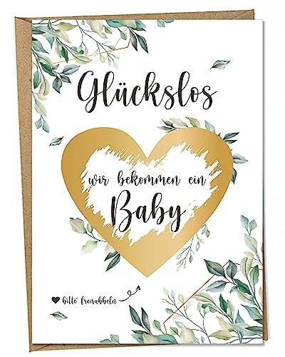 Ninky® Rubbelkarte Wir bekommen ein Baby Postkarte mit Kuvert - Schwangerschaft verkünden Baby - Rubbellos Herz Gold DIN A6 von Ninky