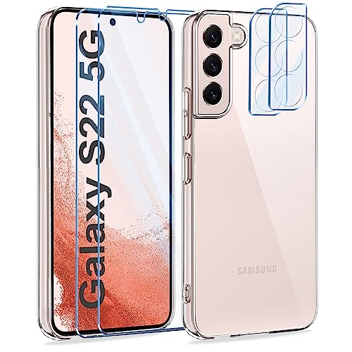 Niphabe [5 in 1 Handyhülle Kompatibel mit Samsung Galaxy S22 Hülle mit 2 Stück Schutzfolie und 2 Stück Kamera Panzerfolie, Soft Silikon TPU Kompatibel mit Samsung Galaxy S22 5G (Clear) von Niphabe