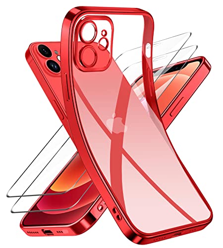 Niphabe Handyhülle für iPhone 12 Hülle mit Kameraschutz, Original Silikon mit 2 Schutzfolie,Niemals Gelb Ultra Dünn Crystal Clear Schutzhülle für iPhone 12 6.1'' Rot von Niphabe