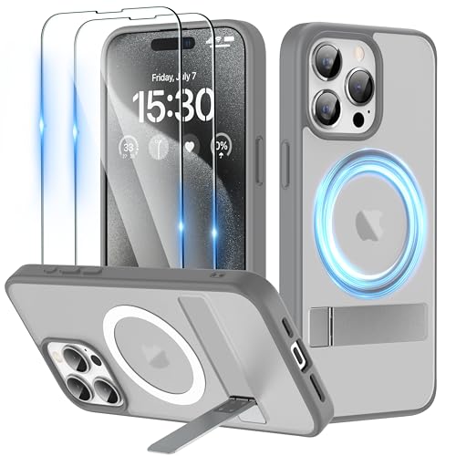 Niunisi Magnetic for iPhone 15 Pro Max Hülle 6.7-Zoll mit Bildschirmschutz, mit unsichtbarem Standring Kompatibel mit MagSafe Slim Frosted Matte Phone Case Cover (Gray) von Niunisi