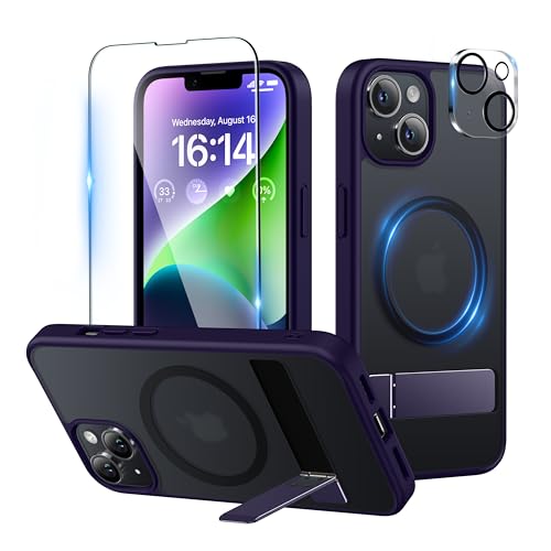 Niunisi Magnetic für iPhone 14 Plus Hülle, Slim Ständer mit Panzerglas Kompatibel mit Magsafe Handyhülle Stoßfeste Schutzhülle Phone Case Cover, Lila von Niunisi