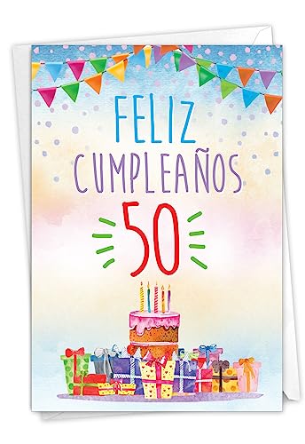 NobleWorks - 1 Spanische Geburtstagskarte mit Umschlag - Hispanische Latino-Feier-Karte zum Geburtstag - Feliz Cumpleaños 50 C8835MBG-SL von NobleWorks