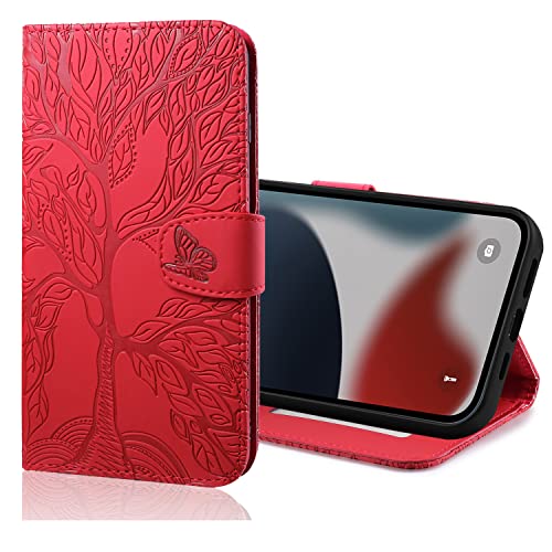 Nokverzy Hülle für Huawei P30(6.1") Klapphülle Leder Magnetisch Stoßfest Silikon Schmetterling Baum Motiv Handyhülle für Huawei P30(6.1") Hülle mit Kartenfach Band Ständer Magnet Flip Wallet Rot von Nokverzy