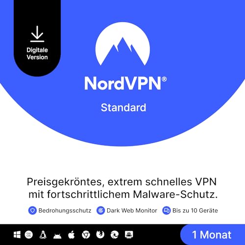 NordVPN Standard – 1 Monat – VPN & Cybersicherheits-Software für 10 Geräte – Schadsoftware, bösartige Links & Werbung blockieren, persönliche Daten schützen – PC/Mac/Mobile [Online Code] von NordVPN