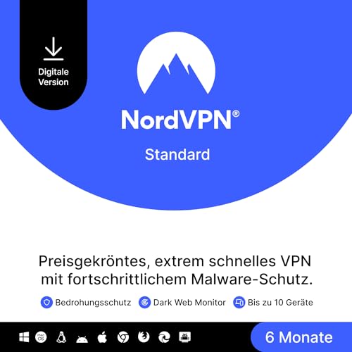 NordVPN Standard – 6-monatiges VPN & Cybersicherheits-Software-Abo für 10 Geräte – Schadsoftware, bösartige Links & Werbung blockieren, persönliche Daten schützen [Online Code] von NordVPN