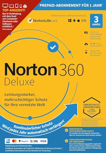 Norton 360 2024 | Deluxe | 3 Geräte | 1 Benutzer | 1 Jahr - kontinuierlicher Schutz (automatische Verlängerung) | PC/Mac | Bundle with Logitech | Aktivierungscode per Email von Norton
