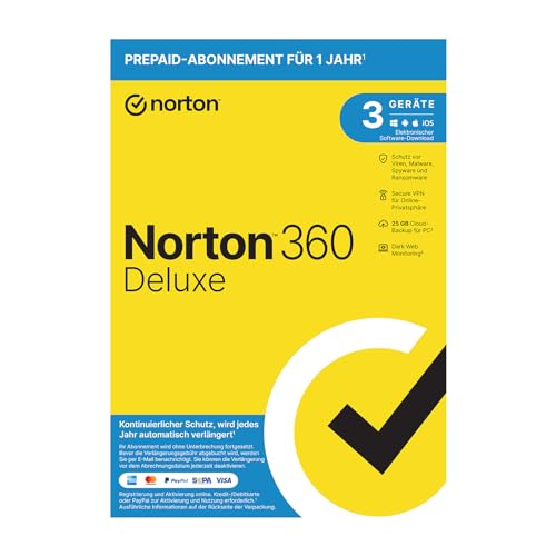 Norton 360 Deluxe 2022 | 3 Geräte | 1-Jahres-Abonnement mit Automatischer Verlängerung | Secure VPN und Passwort-Manager | PC/Mac/Android/iOS | FFP, Aktivierungscode in Originalverpackung von Norton