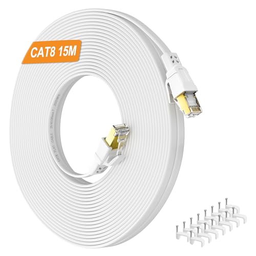 Nowunke Cat 8 LAN Kabel 15 meter Flach Netzwerkkabel 15m Ethernet Kabel Weiß Hochgeschwindigkeit 40Gbps 2000MHz Patchkabel, RJ45 Gigabit STP Geschirmt Wlan Internetkabel für Router Modem Switch von Nowunke