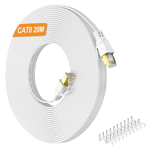 Nowunke LAN Kabel 20meter Cat 8 Netzwerkkabel 20m Flach Ethernet Kabel Weiß Hochgeschwindigkeit 40Gbps 2000MHz Patchkabel, RJ45 Gigabit STP Geschirmt Wlan Internetkabel für Router Modem Switch von Nowunke