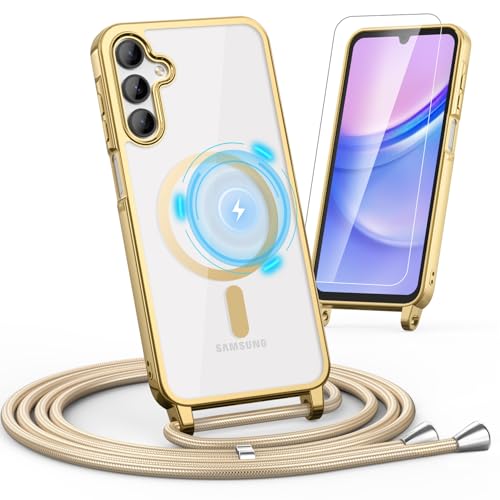 Noyabox HandyKette für Samsung Galaxy A25 Hülle mit Band, 1* Schutzfolie Magnetische Handyhülle für Samsung Galaxy A25 Necklace Schnur Schutzhülle mit Kordel zum Umhängen Case, Golden von Noyabox