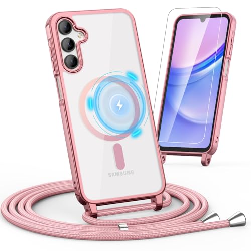 Noyabox HandyKette für Samsung Galaxy A25 Hülle mit Band, 1* Schutzfolie Magnetische Handyhülle für Samsung Galaxy A25 Necklace Schnur Schutzhülle mit Kordel zum Umhängen Case, Rosa von Noyabox