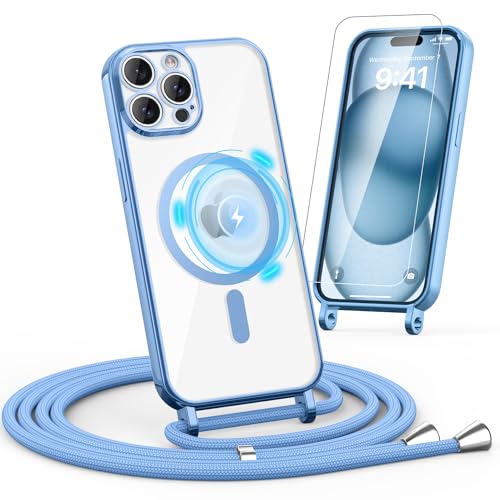 Noyabox HandyKette für iPhone 14 Pro Hülle mit Band, 1* Schutzfolie Magnetische Handyhülle für iPhone 14 Pro Necklace Schnur Schutzhülle mit Kordel zum Umhängen Case, Blau von Noyabox