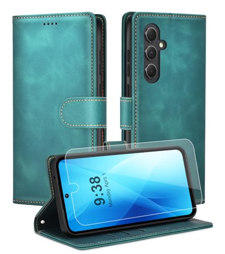 Noyabox Handyhülle für Samsung Galaxy A54 [Exklusive Textur] Klapphülle：1*Schutzfolie & 3*Kartenfach, Standfunktion Klappbar Stoßfeste Lederhülle Hülle Flip Case, Grün von Noyabox