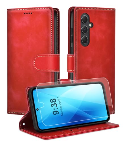 Noyabox Handyhülle für Samsung Galaxy A54 [Exklusive Textur] Klapphülle：1*Schutzfolie & 3*Kartenfach, Standfunktion Klappbar Stoßfeste Lederhülle Hülle Flip Case, Rot von Noyabox