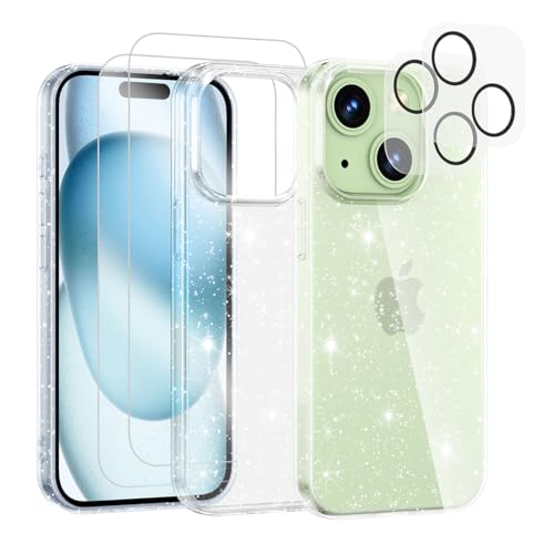 Noyabox für iPhone 15 Transparent Glitzer Hülle mit 2 Panzergläsern und 2 Stück Kameraschutzfolie, Handyhülle Silikon Funkelnd Weich Leicht Kratzerfest TPU Case, Durchsichtig von Noyabox