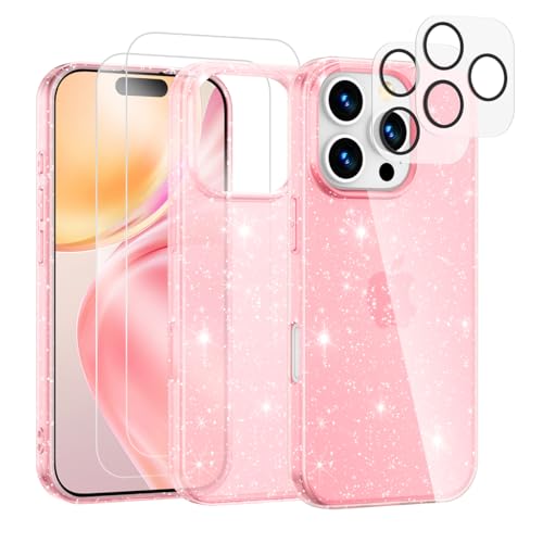 Noyabox für iPhone 16 Pro Max Transparent Glitzer Hülle mit 2 Panzergläsern und 2 Stück Kameraschutzfolie, Handyhülle Silikon Funkelnd Weich Leicht Kratzerfest TPU Case, Rosa von Noyabox