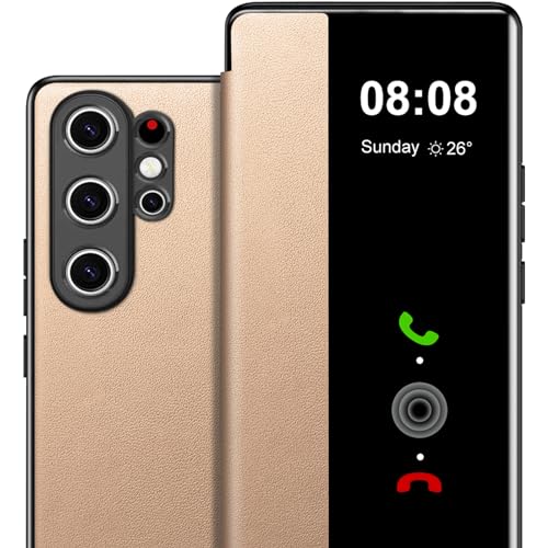 Handyhülle für Samsung Galaxy S24 Ultra 5G Hülle S View, Clear View Flip Leder für Samsung Galaxy S24 Ultra Hülle, Extra-Dünn Stoßfest Kratzfest Cover Case für S24 Ultra Tasche Clear S View (Gold) Handyhülle für Samsung Galaxy S24 Ultra 5G Hülle S View, Clear View Flip Leder für Samsung Galaxy S24 Ultra Hülle, Extra-Dünn Stoßfest Kratzfest Cover Case für S24 Ultra Tasche Clear S View (Gold) von Nshkeji