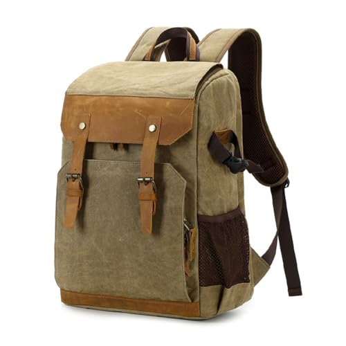 Nsssunnre Batik-Leinwand Echte Leder Fotografie-Rucksack Kamera-Rucksack Multifunktionaler SLR Vintage Wasserdichter Outdoor-SLR-Kameratasche Wasserdichtes Leder mit Laptopfach Stativhalterung von Nsssunnre