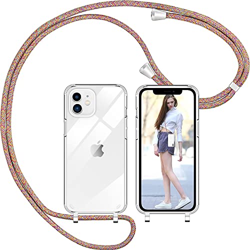 Nupcknn Handykette Hülle für iPhone 12 Mini Hülle TPU Bumper+PC Back Necklace(abnehmbar) Transparent Hülle mit Kordel zum Umhängen Handy Schutzhülle mit Band (Regenbogen) von Nupcknn