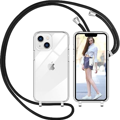 Nupcknn Handykette für iPhone 14 Hülle mit Band,Ultra Dünn Transparent Handyhülle (Abnehmbar) Necklace mit Kordel zum Umhängen Kameraschutz Handy Kette Stossfest Schutzhülle(Schwarz,6.1") von Nupcknn