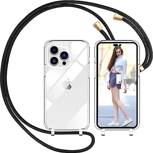 Nupcknn Handykette für iPhone 14 Pro Hülle mit Band,Ultra Dünn Transparent Handyhülle (Abnehmbar) Necklace mit Kordel zum Umhängen Kameraschutz Handy Kette Stossfest Schutzhülle(Schwarz-Gold,6.1") von Nupcknn