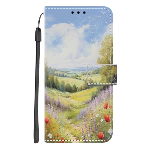 Nuxiady Handyhülle für Samsung Galaxy A15 4G / 5G Hülle mit Schön Motiv Muster PU Lederhülle Flip Wallet Case Cover Klappbar Handytasche Schutzhülle Stoßfeste Klapphülle, Blauer Himmel Gras von Nuxiady