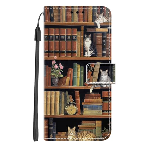 Nuxiady Handyhülle für Samsung Galaxy A15 4G / 5G Hülle mit Schön Motiv Muster PU Lederhülle Flip Wallet Case Cover Klappbar Handytasche Schutzhülle Stoßfeste Klapphülle, Katzen-Bücherregal von Nuxiady