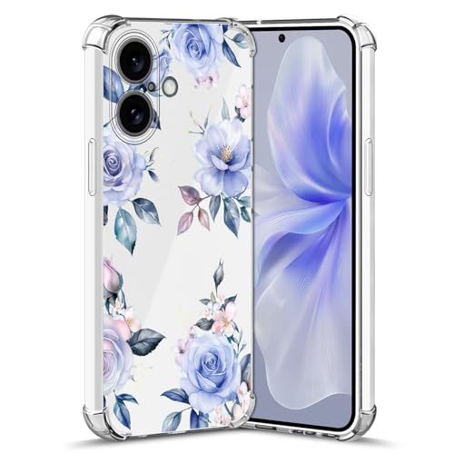 Nuxiady Hülle für iPhone 16 Silikon Transparent Handyhülle Dünne Bumper schutzhülle Stoßfeste Kratzfestes Blume Case Weiche Cover Kompatibel mit iPhone 16, Blaue Rose von Nuxiady