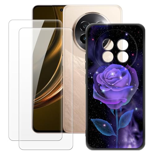 OAGELIM Hergestellt für Oppo Realme 13+ 5G Hülle + 2 Displayschutzfolien aus gehärtetem Glas, ultradünn, stoßfest, weiches TPU-Silikon, Schutzhülle für Oppo Realme 13 Plus 5G (16,9 cm), Rose von OAGELIM