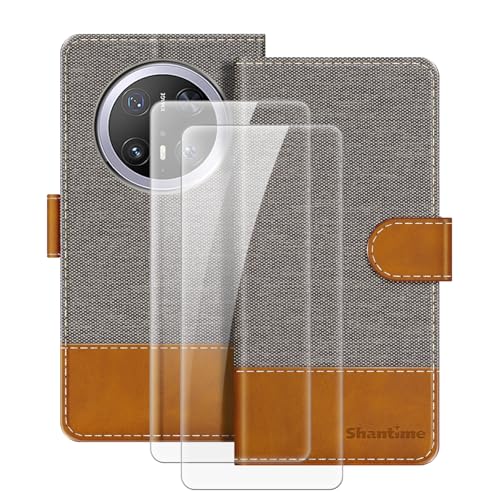 OAGELIM Lederhülle Made for Huawei Mate 70 Pro 5G Magnetische Handyhülle mit Brieftasche und Kartenfach + [2 Pack] Displayschutzfolie aus gehärtetem Glas für Huawei Mate 70 Pro+ (6,9 Zoll) Grau von OAGELIM