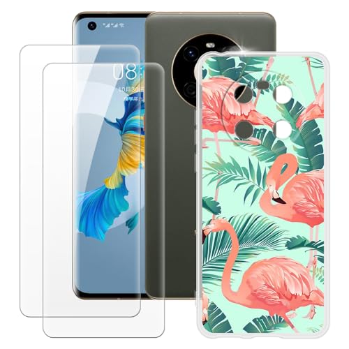 OAGELIM Schutzhülle für Huawei Mate 40 + 2 Displayschutzfolien aus gehärtetem Glas, stoßfest, weiches Silikon, TPU, für Huawei Mate 40E (6,5 Zoll), Flamingo von OAGELIM