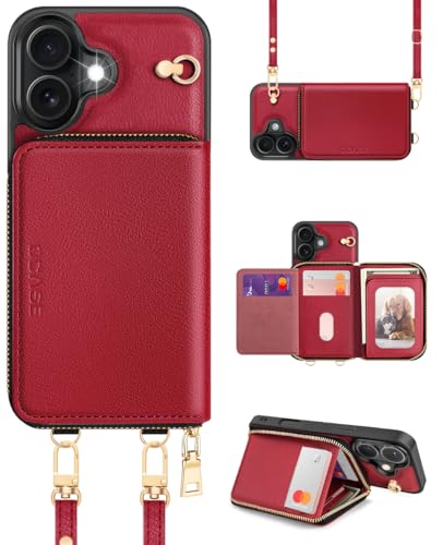 OCASE Hülle für iPhone 16 Handyhülle, RFID-Blockierung PU-Leder Reißverschluss Handtasche Geldbörse Flip Cover, Kickstand Folio Case mit Kartenschlitzen Halter Handgelenkband Lanyard Rot von OCASE