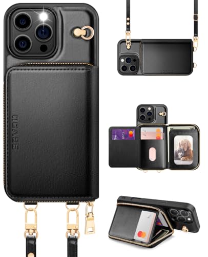 OCASE Hülle für iPhone 16 Pro Max, RFID-Blockierung PU-Leder Reißverschluss Handtasche Geldbörse Flip Cover, Kickstand Folio Case mit Kartenschlitzen Halter Handgelenkband Lanyard Schwarz von OCASE